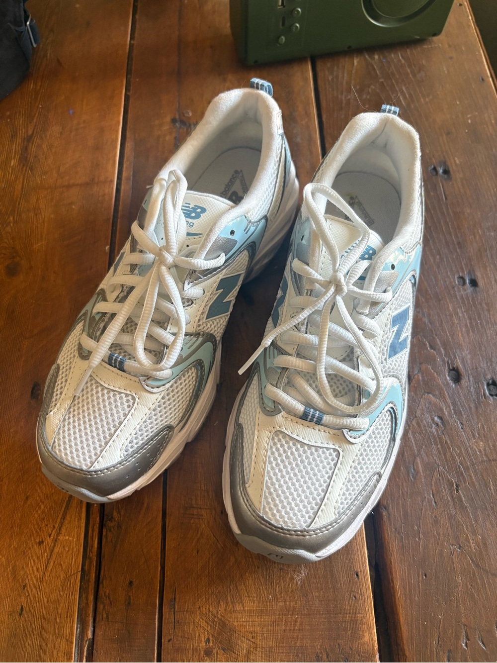 New Balance White and Light Blue Mesh Running Sneakers